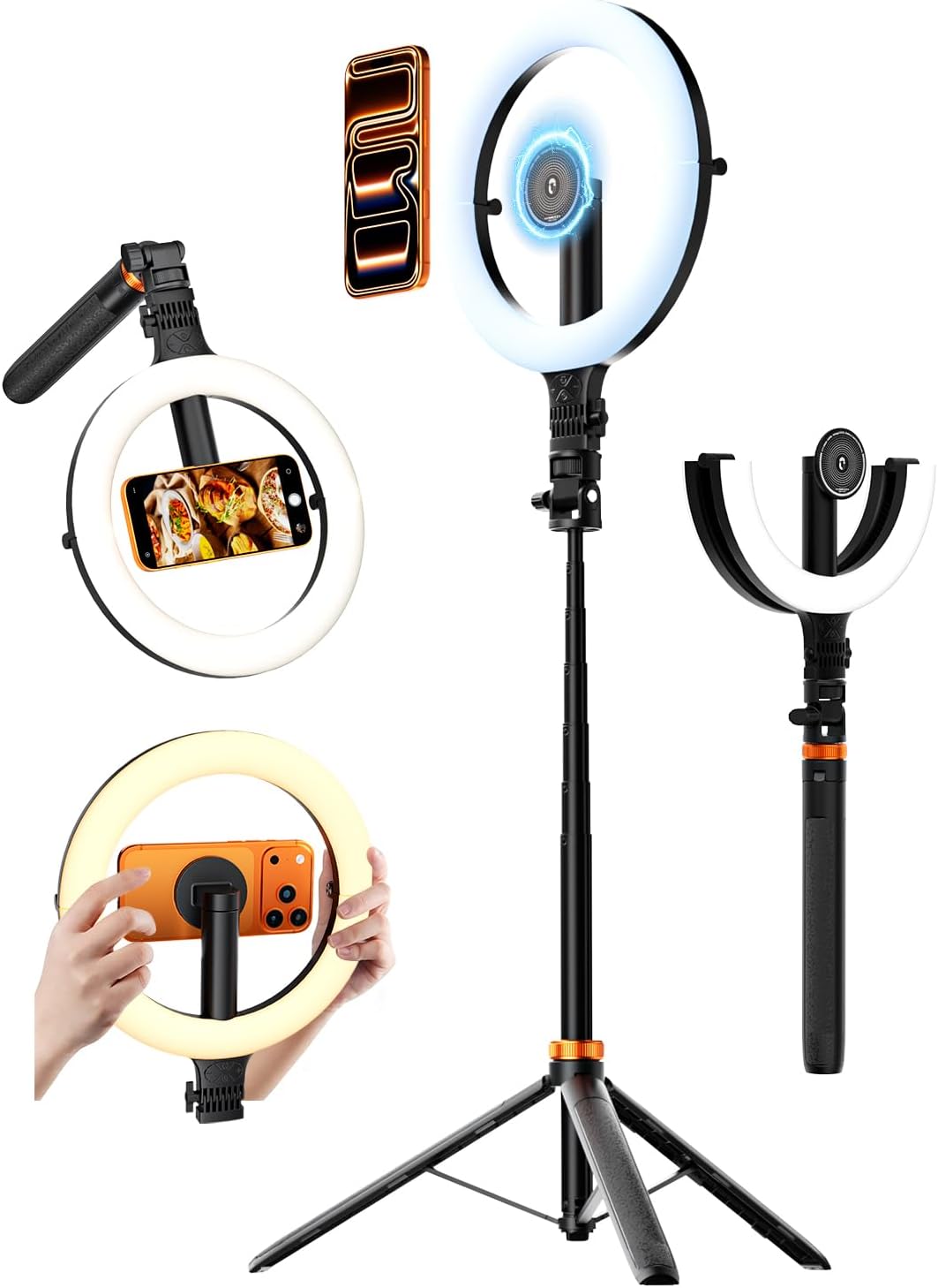 10,2" Magnetisches LED-Ringlicht Mit 76" Verstellbarem Stativ, 5000mAh Wiederaufladbares Selfie-Ringlicht Kompatibel Mit MagSafe Handy, Handyständer 3000K–6500K Beleuchtung Für TikTok, YouTube
