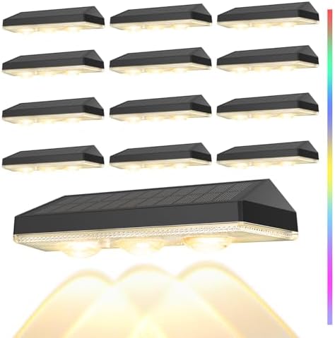 12 Stück Solar Wandleuchten für Außen mit 3 LEDs, 9-Modi RGB Solar Zaunleuchten, IP65 Wasserdicht, Monokristallin, Solarlampen für Außen Wand Zaun Balkon Garten Garage und Terrasse