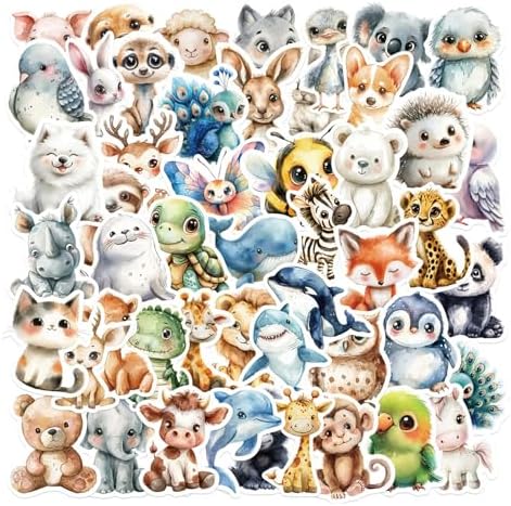 50 Stück Tiere Sticker Set Süße Tiersticker Aufkleber Tiere Kinder Vinyl Wasserdichte Sticker mit Niedlichen Aquarellen Tiere Motiven für Kindle Scrapbook Laptop Telefon Wasserflasche Fahrrad Koffer