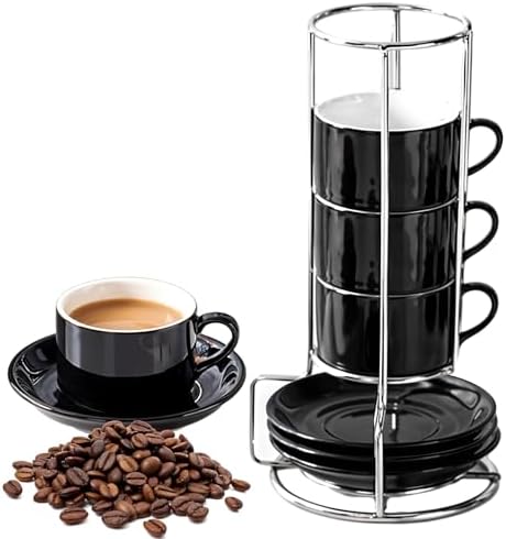 Caossuixn 4x100ml Espressotassen mit Untertassen and Ständer, Espresso Tassen, Spülmaschinenfeste Espressotassen Set, Kaffeetassen 4er Kaffeebecher Keramik für Americano, Cappuccino, Tee und Latte