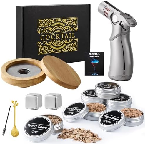 Cocktail Smoker Set Geschenk Whisky Räucherset mit Brenner, 6 Holzchips, 2 Edelstahl-Whiskysteinen, Bar Zubehör, Geschenk für Männer, Papa, Weihnachten, Geburtstag, Vatertag (ohne Butan)