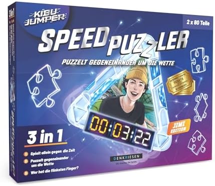DENKRIESEN KIBU Jumper® Speed Puzzler Jimi Edition | Rasantes Puzzle-Duell für 1-2 Spieler | 2 x 80-Teile-Puzzle mit App-Anbindung | Geschick & Strategie | Familienspiel ab 6 Jahren