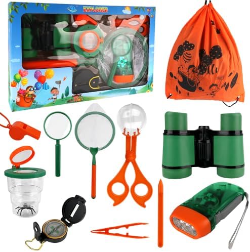 Dhqkqg 11Pcs Forscherset für Kinder, Entdecker Set für Kinder Mit Fernglas Kinder, Insektenfänger, Kompass, Becherlupe, Rucksack, Pinzette, tolles Outdoor Camping Spielzeug für Jungen und Mädchen
