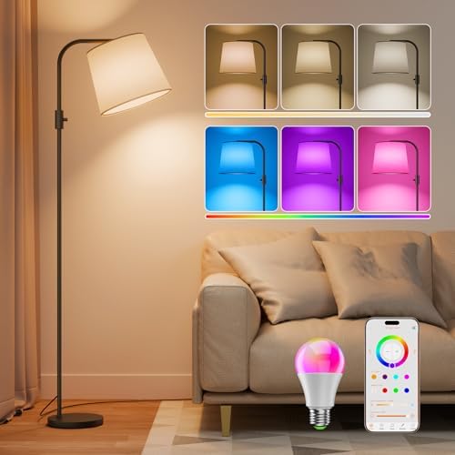 DUSKTEC Stehlampe Wohnzimmer RGB, Smart Standleuchte Alexa Dimmbar Warm und Kaltweiss APP Steuerung, 10W 1200LM Bogenlampe Leselampe, Sofa Lampe für Schlafzimmer Nachttischlampe (Schwenkbar Lampenschirm)
