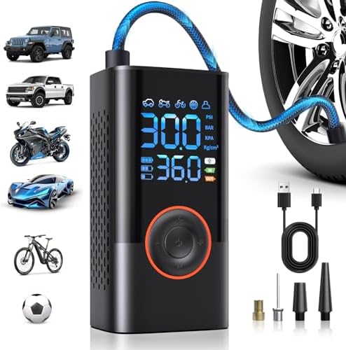 Elektrische Luftpumpe,150PSI/10,3 BAR elektrisch Fahrradpumpe Tragbare Akku 12v Kompressor mit Digital LED-Licht Voreingestellter Reifendruck Auto-Stopp für alle Fahrräder Motorrad Auto