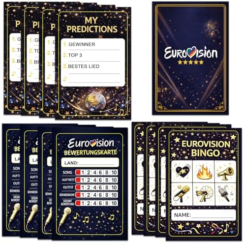 Eurovision Song Contest Bingo Spiel 2026, mit 12 Bingokarten, Meine Vorhersagen, Eurovision Bewertungskarte, Hipster Bingo Familie, Lustiges Song Contest Partyspiel für Erwachsene, Teenager