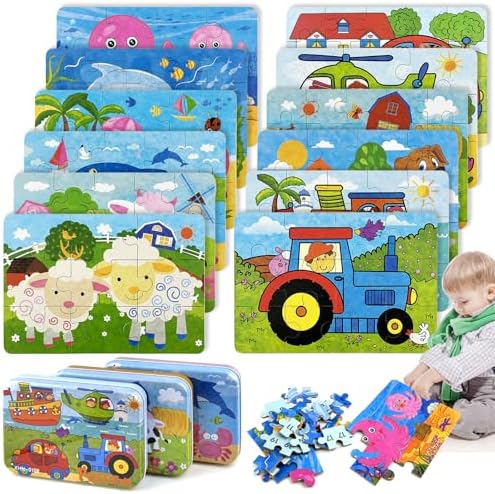 GZLCEU 12 STK 16×11cm Puzzle, Holz Kinderpuzzle Mini-Puzzle Kinder mit 3 STK Box für Kinder, Jungen, Mädchen Puzzle ab 3 4 5 Jahren(Jeweils 4 STK in 3 Stilen)