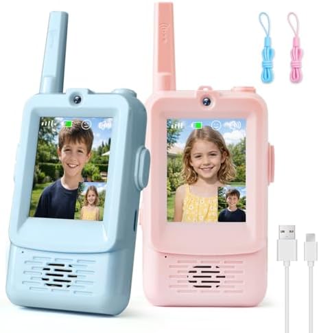 Kangtaixin HD Video Walkie Talkie Kinder, 2er Set Walkie Talkie Kinder Aufladbar, Geschenk Mädchen Junge 3 4 5 6 7 8 Jahre Spielzeug Junge und Mädchen, Walki Talki für Abenteuer im Freien (Blau+Rosa)