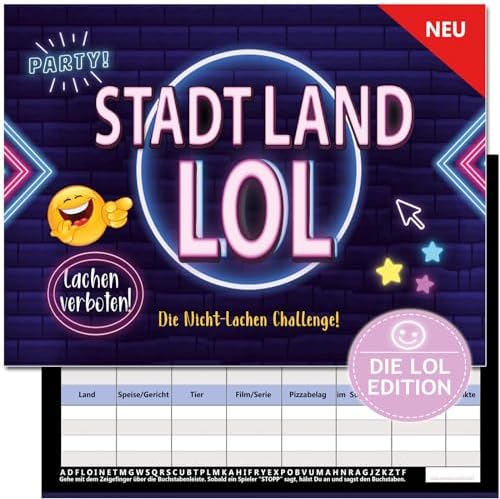 KARTENVERSAND24 Stadt Land LOL Spiel Nicht lachen Spiele Fluss Challenge wer lacht verliert Geschenk Partyspiel Mädchen Jungen Teenager Erwachsene ab Jahren LOL Edition Block