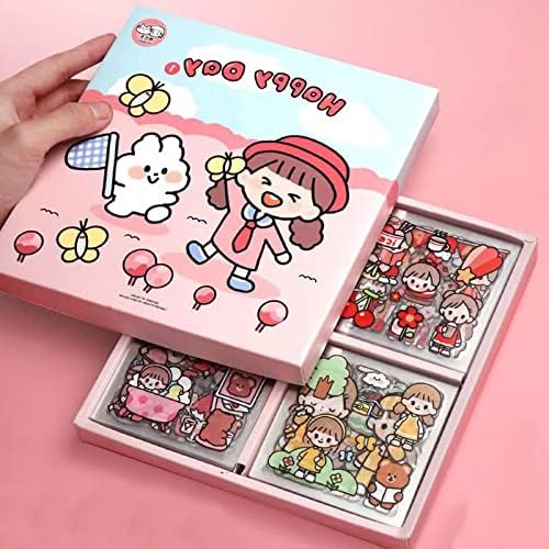 Kawaii Sticker, 100 Blätter Cartoon Cute Niedliche Aufkleber, Aesthetic Scrapbook Niedliches Cartoon Mädchen Stickers Set, Creme Häschen PET Transparent Aufkleber für DIY Sammelalbum Album