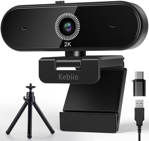 Kebiio Webcam 2K, USB A/C Webcam mit Mikrofon für PC, Streaming Kamera mit Autofokus, 90°Ansicht, Plug & Play, Videoanrufe, Konferenzen, PC Camera für Windows/MacOS/Skype/FaceTime etc