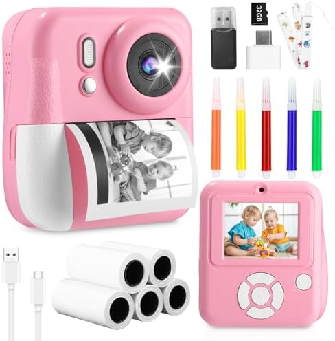 Kinderkamera SofortbildkameraRosa,Dreifarbiger Farbdruck,1080P Sofortbildkamera Kinder mit 32GB Karte & 5 Rollen Druckpapier,Geschenk für Kinder 3-14 Jahren