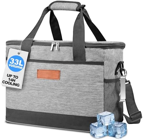 Kühltasche Groß 33L 40 Dosen 14h Kühlung Kühlbox Tragbar Faltbar Isoliertasche Auslaufsicher Cooler Box Thermobox Picknicktasche für Picknick Camping Einkaufen Grillen Familie Büro Auto