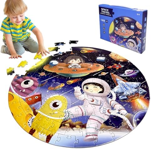 Kulveanju Kinder Puzzle ab 4 5 6 Jahre, 128 Teile Bodenpuzzle, Raumschiff Puzzle, Große Kinderpuzzle Spielzeug Kreisförmig, Puzzle für Jungen und Mädchen 3-7 Jährige Geschenk, 42x42 cm