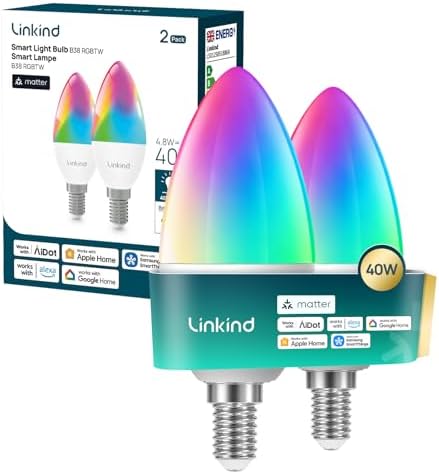 Linkind Matter Smart RGBTW LED Lampe E14, 470lm, 4.8W=40W, 1800K-6500K, 16 Mio. Farben & CRI 90+, 1-100% Dimmbar, Musik-Sync, Kerzenform, kompatibel mit Apple Home, Alexa, SmartThings, AiDot, 2 Stück