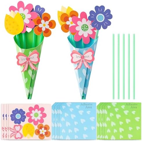 LJalin 12 Stück Blumenstrauß Bastelset Kinder Blumen Papier Kreativset, Muttertag Blumen Basteln für Kinder, DIY Blumenstrauß Grußkarten, Blumen Bastelset für Muttertagsgeschenk, Thanksgiving Day