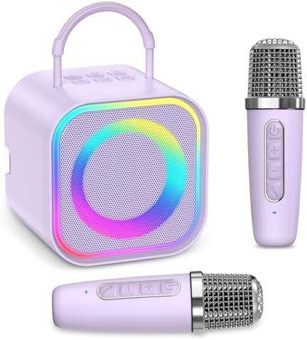 LOFICOPER Karaoke Maschine Kinder mit 2 Mikrofones, Tragbaren Bluetooth Lautsprecher mit 5 Farbige Lichter, 5 Stimmeneffekten, Mini Karaoke Anlage für Mädchen Jungen