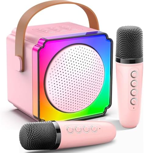 Mikrofon Kinder, Karaoke Maschine Kinder mit 2 Drahtlosen Mikrofonen Bluetooth Karaoke Maschine mit Stimme Wechselnde Effekte und LED Lichter Karaoke für Kinder Erwachsene Jungen Mädchen(Rosa)