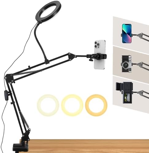 Overhead Handy Stativ mit Ringlicht, Flexible Tisch Kamera Arm Halterung mit LED Ringlicht, 3 Lichtfarben + 10 Helligkeiten, Desktop-Ständer für YouTube-Starter Live-Stream Kochen Malen & Nagel