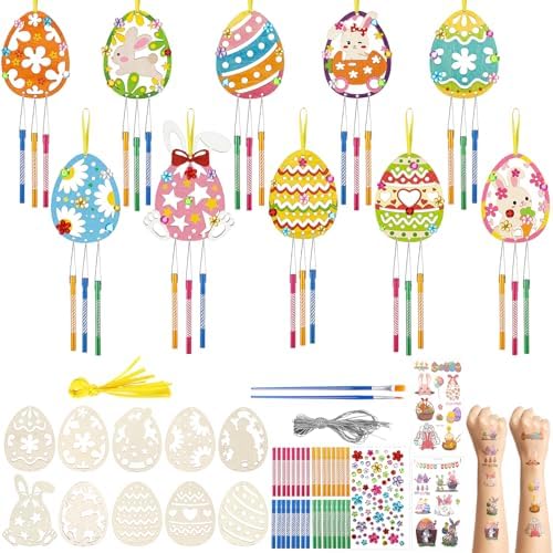 SRIZIAN 10 Stück Ostern Windspiel Bastelset für Kinder,Ostern Holz Windspiel Bastelsets Geschenke Kinder Oster Spielzeug DIY Bastelset Kindergeburtstag Fenster Tür Deko