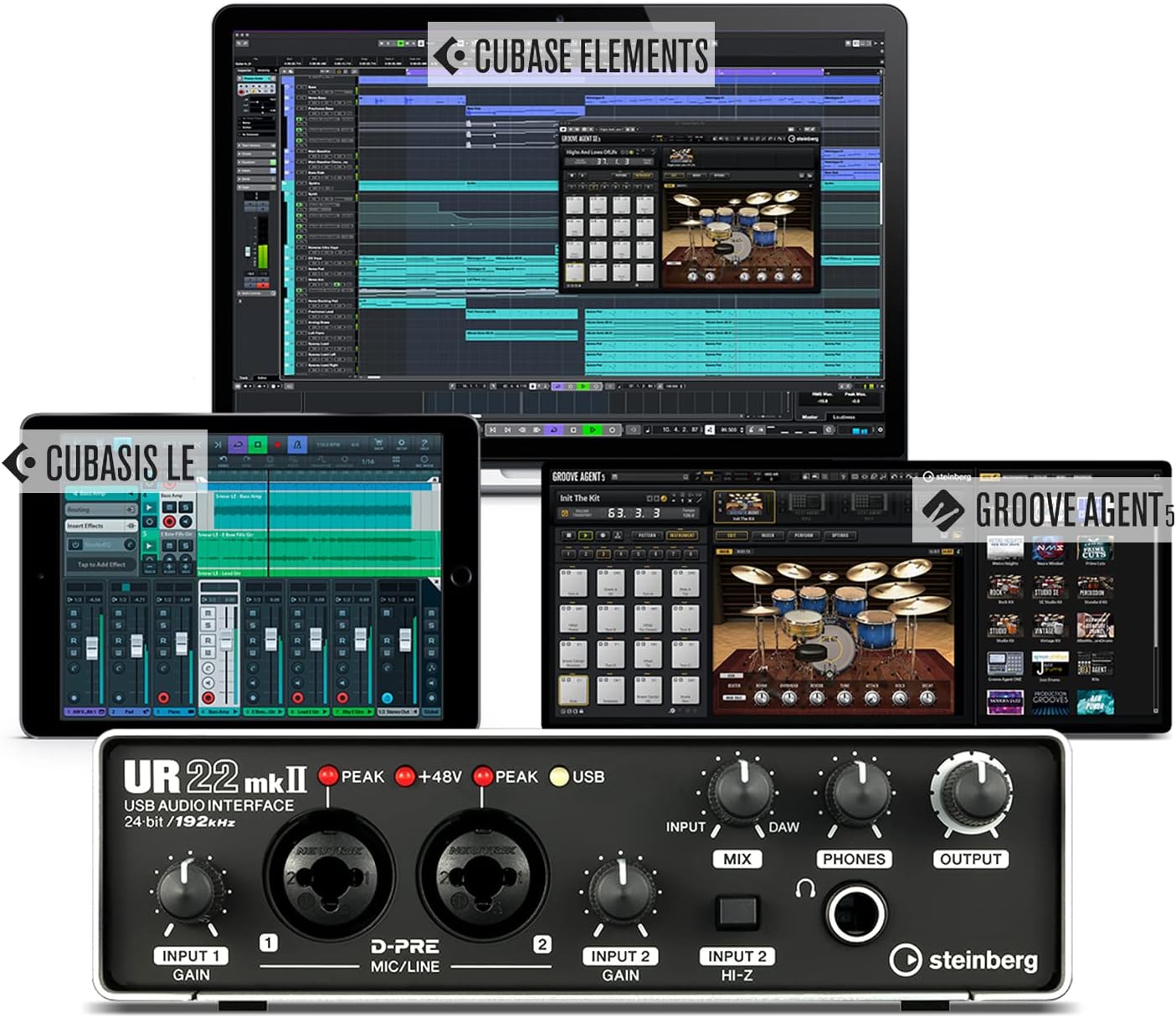 Steinberg UR22mkII Value Edition - UR22mkII USB 2.0 Audio-Interface und umfangreiches Software-Paket, Recording-Zubehör (inkl. Cubase Elements, Cubasis LE, Groove Agent 5 Drum Studio uvm.)