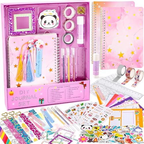 Tacobear Scrapbook Zubehör Set Scrapbook Stickers Geschenk Mädchen 6 7 8 9 10 11 12 Jahre DIY Bullet Journal Set Scrapbook mit 2 Notizbuch Blanko Scrapbook Stickers Bastelset für Teenager Mädchen