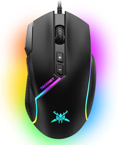 TECKNET Kabelgebundene Gaming Maus, Treibereinstellung 6 Stufen (12800-1200) DPI Mouse mit optischem Sensor, 13 RGB-Lichter, 8 Programmierbare Tasten, Mäuse Mit Feuertaste, Gaming Mouse Für PC/Laptop