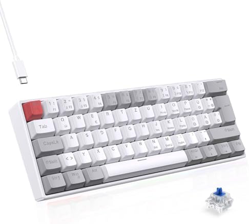 TECURS Mechanische Gaming Tastatur mit Blue Switches (kabelgebunden) - QWERTZ DE Layout, LED Hintergrundbeleuchtung, Kompakte 60% Tastatur für PC/Windows/PS5/PS4 - Weiß und Grau