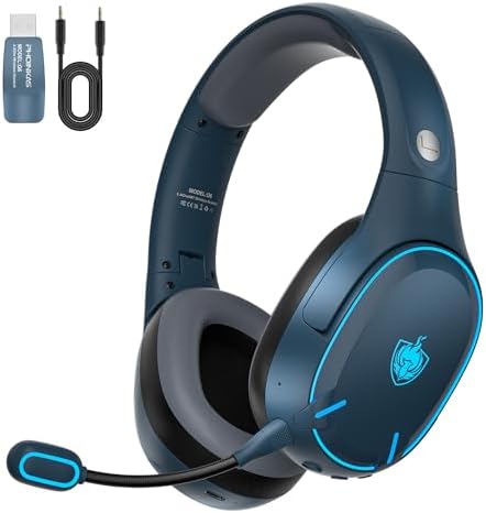 YOTMS Gaming Headset Wireless, Bluetooth Headset für PS4/PS5/PC/Xbox/Switch, 2.4 GHz USB Wireless Headset, Headset mit Mikrofon Gaming Headset mit 3,5mm Jack, RGB Licht - Blau