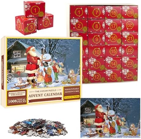 Zfseyuh Adventskalender Puzzle 2024,Puzzle Weihnachten 1008 Weihnachtspuzzle Geschenk für Erwachsene und Kinder ab 12 Jahren Puzzle,24 BoxenWeihnachtsmann Bauen Schneemann